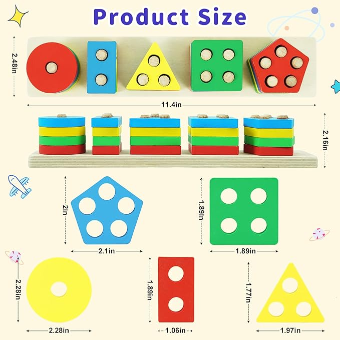 Shape Puzzles Wooden Color Sorting Toys for Toddlers 1 2 3 4 Year Old Matching Shape Sorters Toy Wooden Blocks Learning Educational Toys for Boys Girls Classroom Birthday Easter Gifts