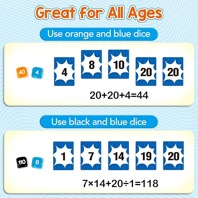 Aizweb Math Games for Kids - Addition, Subtraction, Multiplication, Division Flash Cards - Educational Learning Counting for Homeschool, Classroom, Travel - Indoor Outdoor Dice Family Game