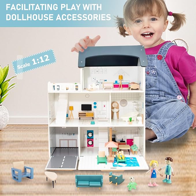 43PCS Wooden Dollhouse Furniture Set 6 Rooms with 5 Family Dolls,Wood and Plastic Dollhouse Accessories, in/Outdoor Scenes Pretend Play Toys Christmas Birthday Gift for Boys Girls & Kids 3Y+