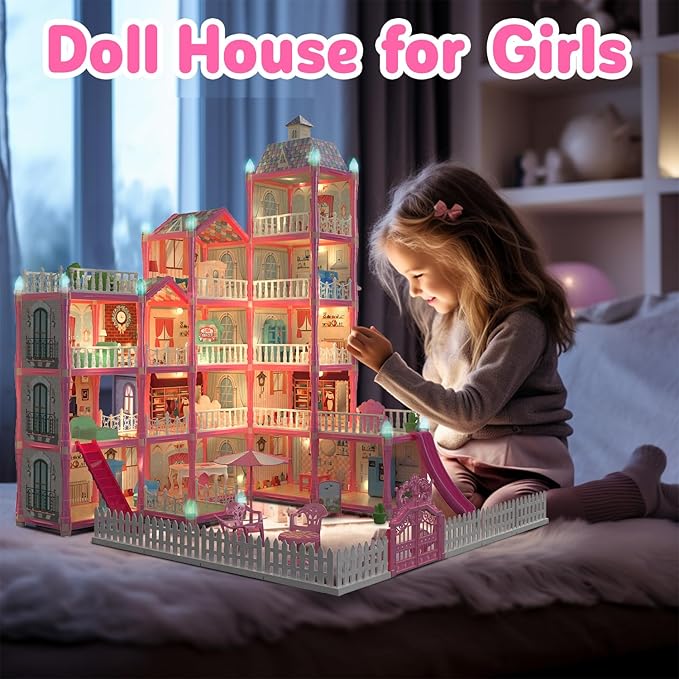 15 Rooms Doll House for Kid, 374Pcs Play Castle Furniture Playsets for Girls, Birthday Gifts for 3 4 5 6 7 8 9 10 11 12 Years Old Kids Toddlers