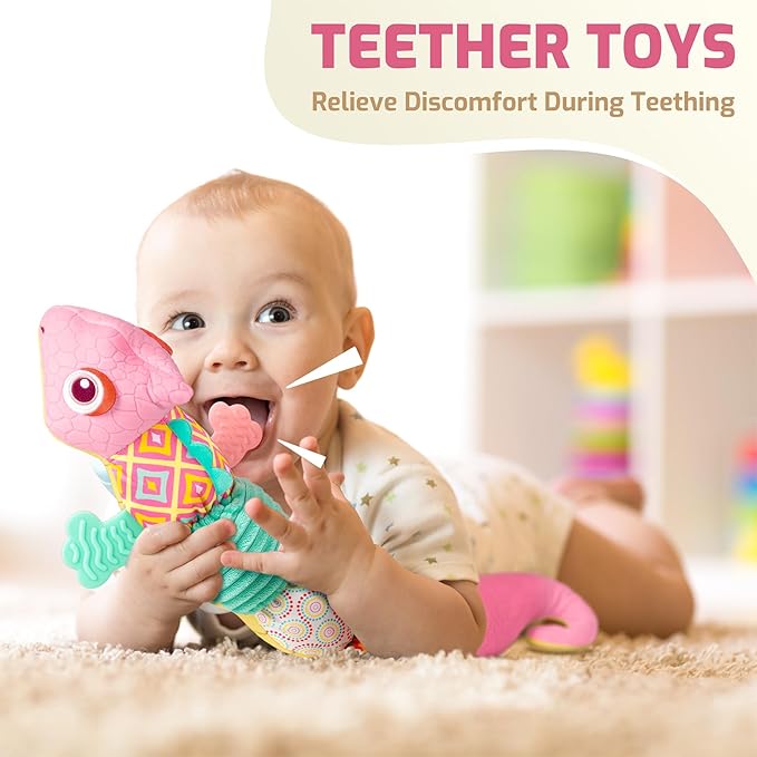 Sumobaby Infant Baby Musical Stuffed Animal Toys for 0-3-6-12 Months,Multi Sensory Toys with Crinkle and Rattles, Tummy Time Toys for Newborn Boys Girls, Dinosaur, Pink