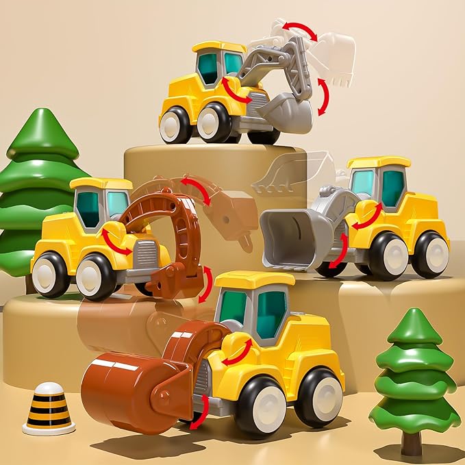 Press and Go Construction Vehicle Trucks Toys for Toddlers 2-4, 4 PCS Car Trucks for Boys Girls with Flexible Joints, Kids Toddlers Toys for 3 4 5 6 Years Old Boys Girls Birthday Gifts