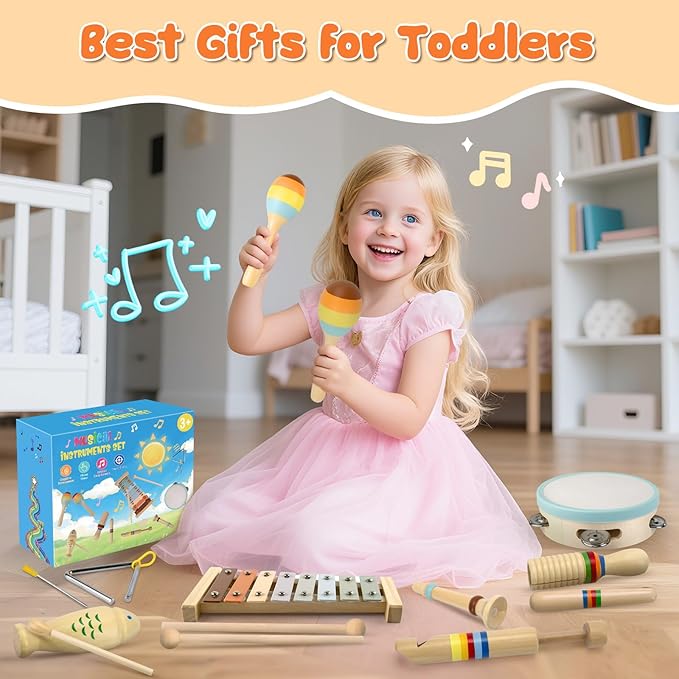 Baby Musical Instruments-Montessori Wooden Toys for Toddlers 3+ Neutral Colors Percussion Instruments Set with Modern Boho Xylophone for Kids Preschool Educational, Comes with Storage Bag