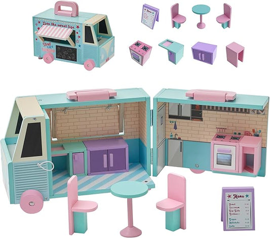 Olivia's Little World Wooden Food Truck Dollhouse + Accessories for 3.5" Dolls, Multi