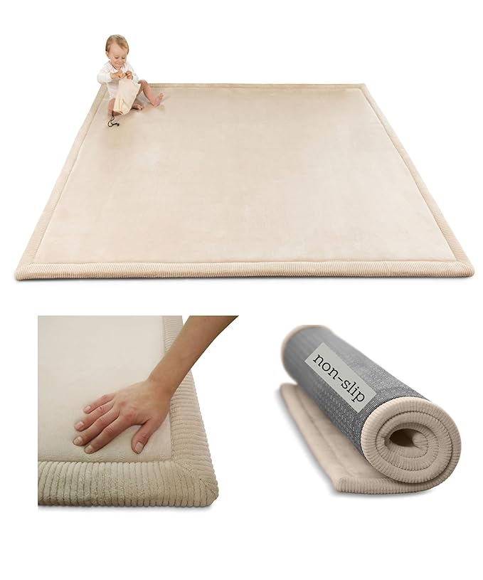 Hakuna Matte Premium Baby Play Mat 60”x 80” Beige – Cloud-Soft Coral Velvet Memory Foam Rug for Crawling & Play – Non-Slip, Water-Resistant, Care Tummy Time Mat – Non-Toxic Padded Playmat