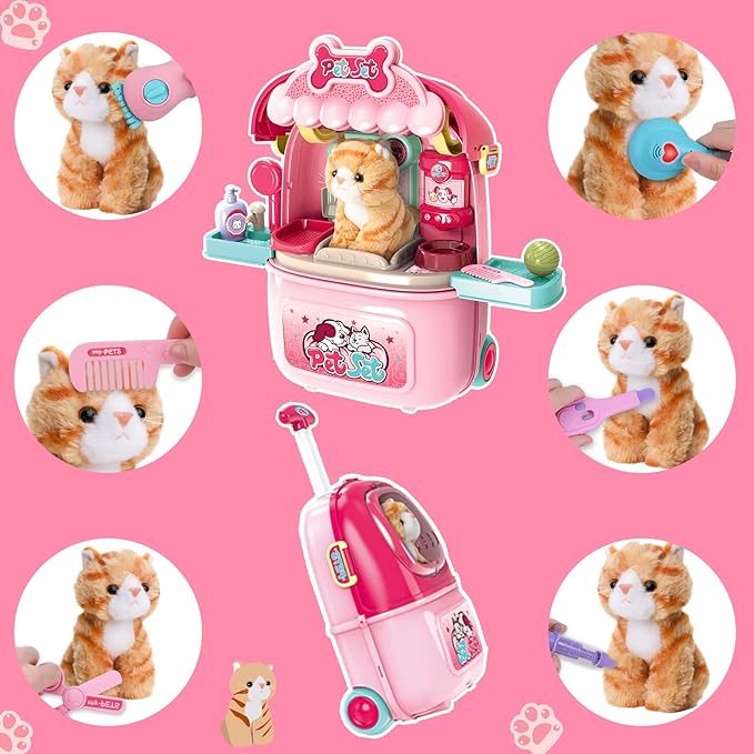 MAGIC4U Pet Cat Care Carrier Suitcase Toy, 29PCS Vet Clinic and Doctor Kit for Kids, Pet Kitty Grooming Feeding Toys, Veterinarian Pretend Play Set, Gifts for Boys and Girls Ages 3-12