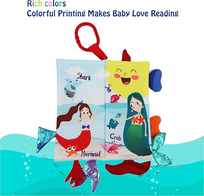 Fish Baby Books Toys 0-6-12-18 Months,Touch Feel Crinkle Cloth Books For Babies Infant Newborn 0-3 Months Baby Girl Boy Shower Gifts Toys,Soft Teething Stroller Toy,Easter Gift Items-Mermaid