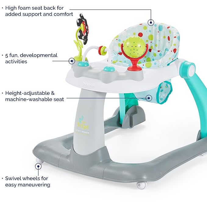 Kolcraft Tiny Steps 2 in 1 Foldable Infant and Baby Walker with Wheels, Seated or Walk Behind Activity Center, Entertaining Developmental Activities for Boys and Girls, Wide Base Sturdy Frame, Bubbles