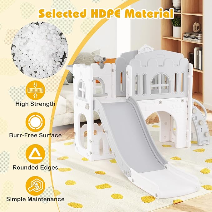 Costzon 9 in 1 Toddler Slide, Kids Slide and Climber Playset with Basketball Hoop, Telescope, Steering Wheel, Aisle, Tunnel & Storage Space, Baby Indoor Playground for Kids Aged 1+