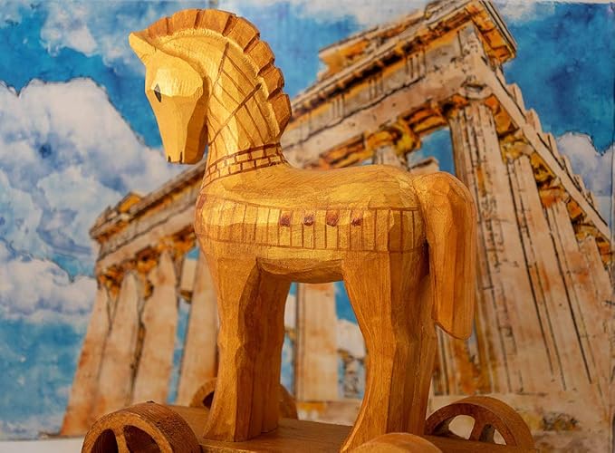 Ancient Toys - Wooden Trojan Horse Pull Toy with Hardcover Book! Teach Children About History Through Interactive Play
