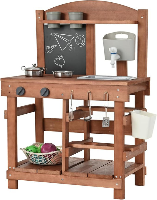 Kids Mud Kitchen Outdoor 23.6in, Wooden Play Kitchen with Sink & Stove, Utensils, Mud Kitchen for Kids Outdoor
