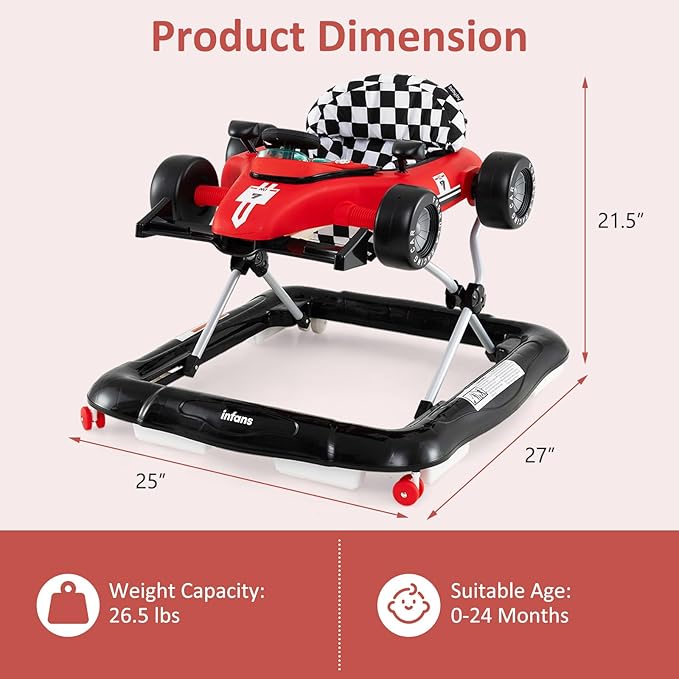 INFANS 4 in 1 Baby Walker, Foldable Toddler Activity Center with Adjustable Height, Padded Seat, Music, Light, Removable Tray, Push Walker for Girls Boys Aged 6-18 Months (Red)