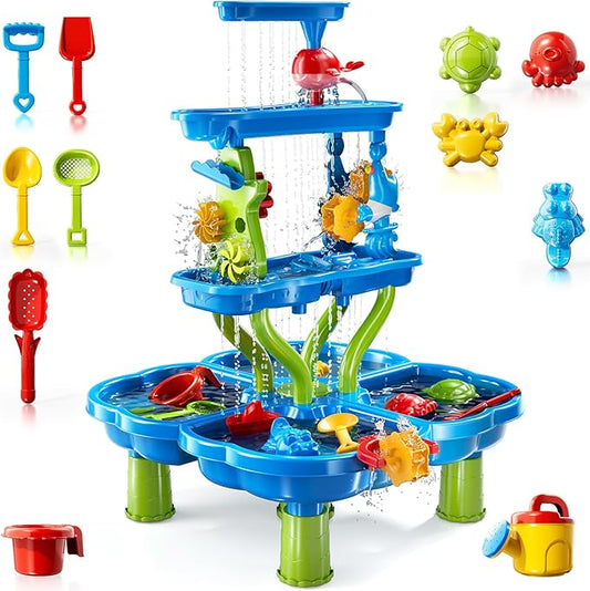 4 -Tier Kids Water Play Table for Kids Toddlers 3-5 4-8, Sand and Water Table with Rich Activity Set, Water and Sand Sensory Activity Play Table Summer Beach Outdoor Indoor Toys for 3 4 5 6 7 8