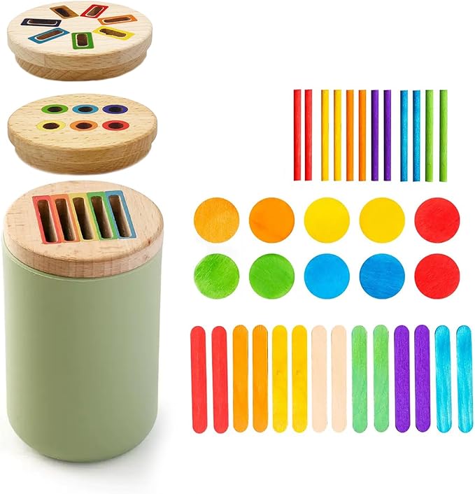 Montessori Wooden Stick Color Sorting Toys for 3 Year Old, Dual Play Educational Preschool Learning Fine Motor Skills Sensory Toys for Toddlers 3-5 Girl Boy Birthday Gifts (Silicone Bucket)