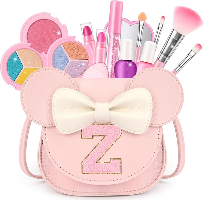 Kids Makeup Kit for Girls - 15 Pcs Real Washable Make Up Set - Non Toxic Toddlers Cosmetic with Letter Mouse Ear Purse - Dress up Birthday Gifts for 3 4 5 6 7 8 Years Old Girls - Z