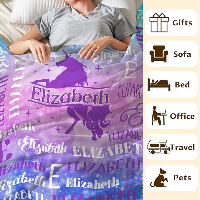 Blankets for Kids Girls 6-8, Custom Unicorn Gifts for Children Teens, Personalized with Name Soft Flannel Lightweight Monogram Name Accessories Blanket for Travel Camping Outdoor Decoration