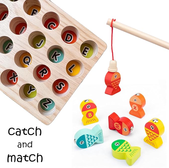 Haktoys Magnetic Wooden Alphabet Fishing Game with Ocean Sticker Book – Montessori ABC Toy with 26 Lettered Fish & 2 Poles – Educational Travel Toy for Toddlers, Boys & Girls Ages 3+