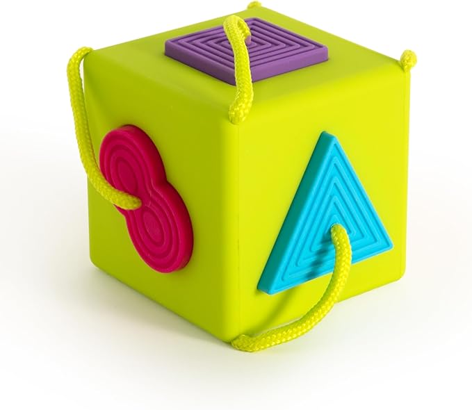 Fat Brain Toys OombeeCube, Toddler and Baby Toys 10 Months and Up, Travel-Friendly Shape Sorter with Tethered Shapes for Early Learning