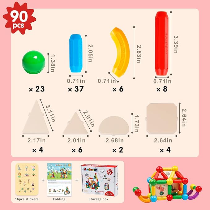 MAGBLOCK 90PCS Magnetic Building Sticks Toy Building Blocks Gift for Boys and Girls, Magnet Sticks Balls and Rods Sets, Sensory Montessori Toys for Preschool Toddlers Kids