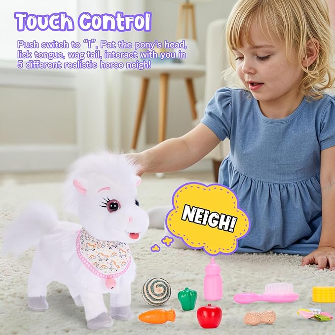 White Walking Singing Pony Set Talking Musical Dancing Pony with Leash, Electric Plush Pretend Play Horse Toy for Girl Kid, Nod Lick Wag Repeat What You Say, Farm Animal Horse Pony Boy
