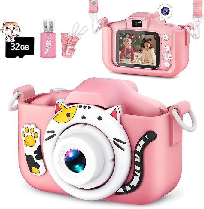 Kids Selfie Camera Toys for 3 4 5 6 7 8 9 10 11 12 Year Old Girls，Christmas Birthday Festival Gift for Kids Camera for Kids Upgrade Digital Camera with 32GB SD Card