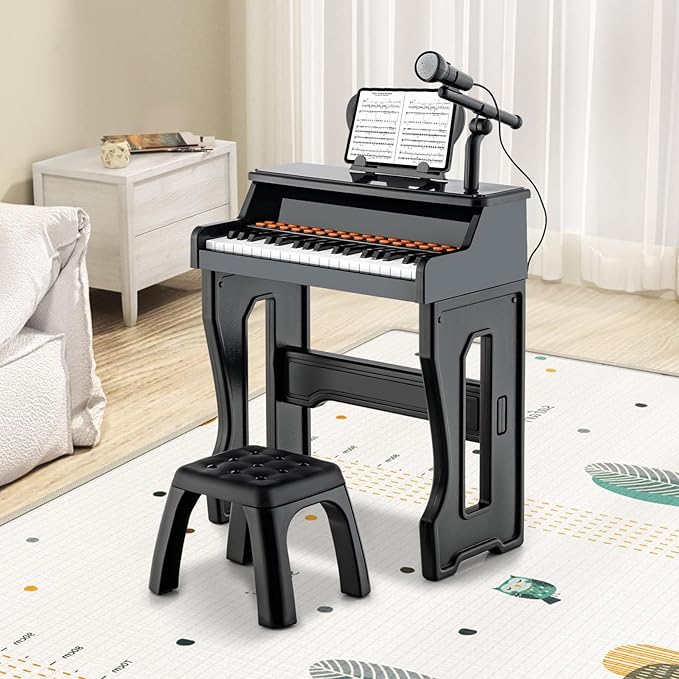HONEY JOY Kids Piano, 37-Key Black Kids Keyboard Piano w/ Music Stand & Bench, Gift for Babies w/ Microphone, Portable Electronic Educational Musical Instrument, Toddler Piano for Girls Boys