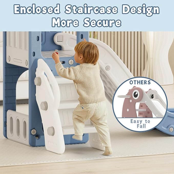 XJD 5 in 1 Toddler Slide, Kids Slide for Toddlers Age 1-3, Outdoor Indoor Playset for Toddlers with Basketball Hoop and Ball, Storage Space Christmas Birthday Gifts for Toddler (Blue)