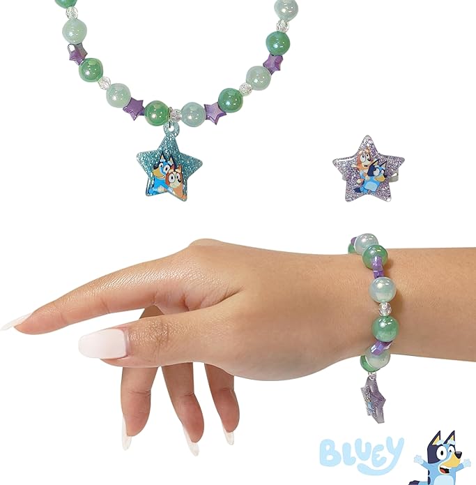 LUV HER Bluey Girl's Jewelry Set - Dress up Toy Jewelry Box Set with Bead Necklace, Bracelet and Ring - Play Accessories - Ages 3+