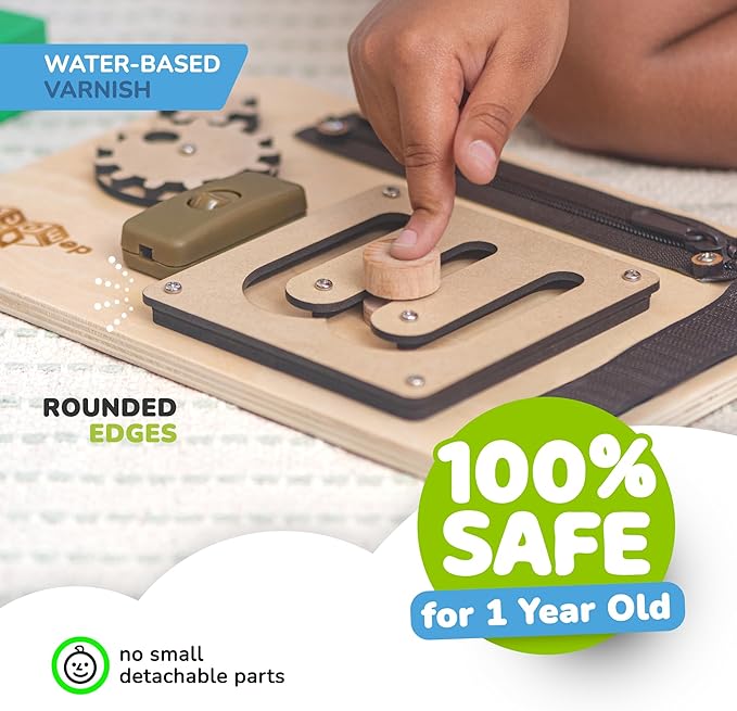 deMoca Sensory Busy Board for Toddlers, Premium Wooden Toddler Busy Board for 1 2 3 Year Old with 10 Educational Activities for Fine Motor Skills, Fidget Activity Toy for Travel Toy