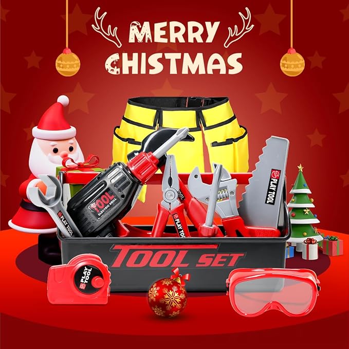 LOYO Kids Tool Set - Pretend Play Construction Toy with Tool Box Kids Tool Belt Electronic Toy Drill Construction Accessories Gift for Toddlers Boys Ages 3 , 4, 5, 6, 7 Years Old (red)