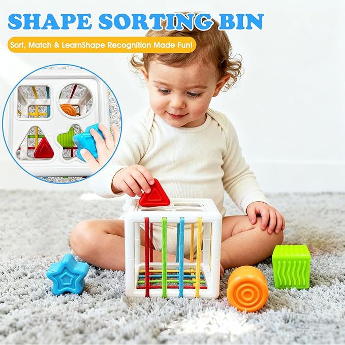 6 in 1 baby montessori toys for 6 12 month old-incl Busy Cube,stacking cups,Shape Sorting Bin,baby blocks,crinkle books, suction cups spinners,Sorting Learning Sensory Toys Gift for Babies Aged 1-3