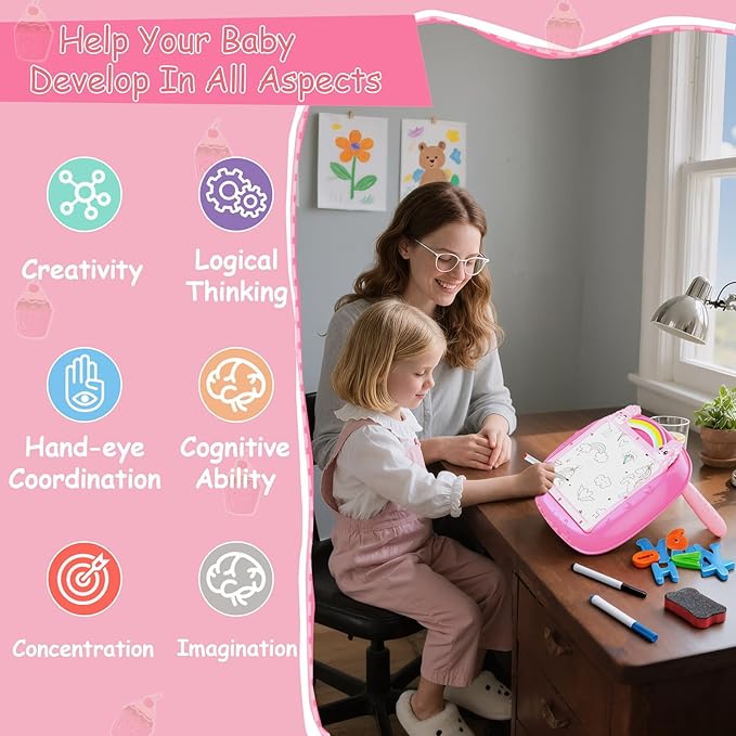 Unicorn Gift for 1-2 Years Old Girl, Girl Toys with Magnetic Letters and Numbers, Portable Doodle Board Easel, Learning and Educational Toy for 1-2 Years Old Girls (Pink)