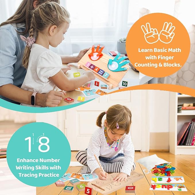 Montessori Math & Spelling Learning Toys for Kids 3+ Years -Wooden Number Counting Blocks, ABC Letter Matching Game, Math Manipulatives, Preschool Educational Toys, Homeschool Supplies, Gift for Kids