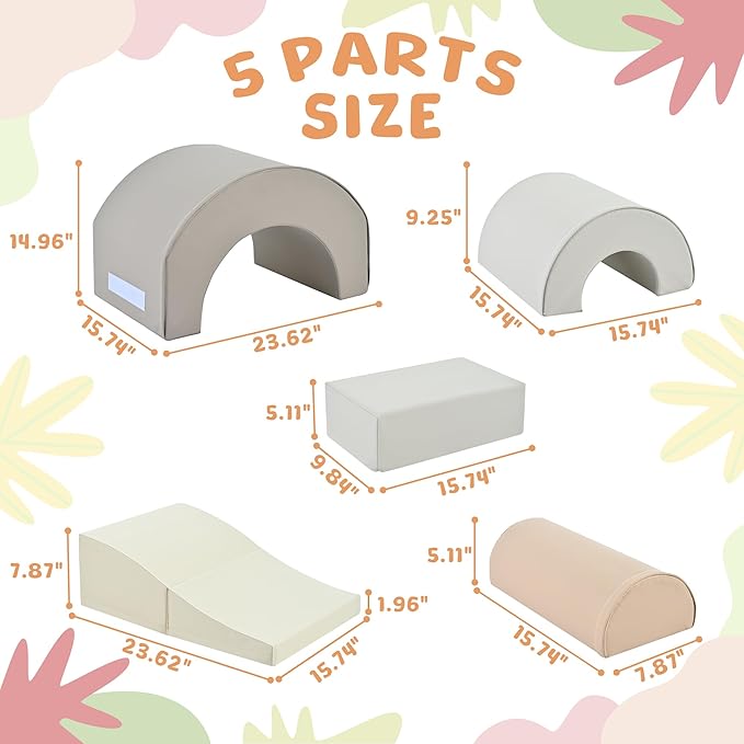 Merax Rainbow Soft Play Set, Soft Climbing Toys for Toddlers with Foldable Slide, Indoor Baby Soft Foam Blocks for Climbing and Crawling, 5-Piece, Cappuccino