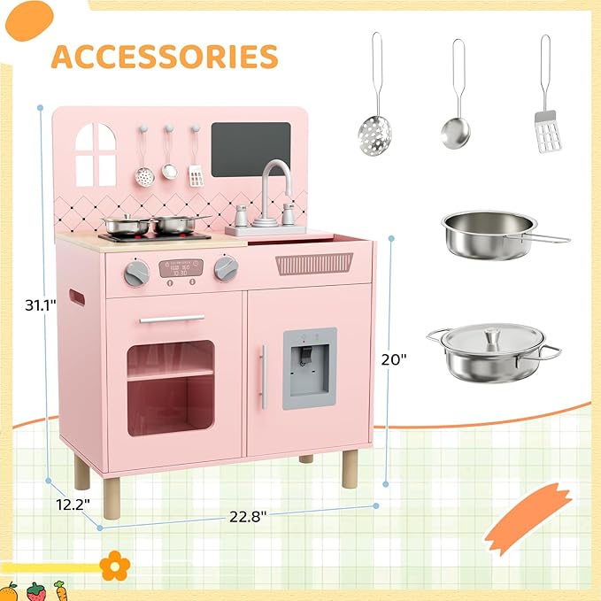 MAMIZO Play Kitchen for Kids, Pretend Playset with Blackboard & Realistic Lights & Sounds, Ultimate Interactive Wooden Kitchen with Knob Sounds, Sink, Water Dispenser, 6 Pcs Cookware for Ages 3+(Pink)
