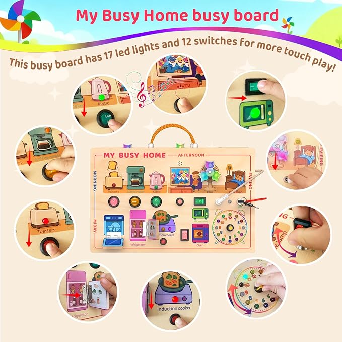 Montessori Wooden Busy Board for Toddlers 1-3 - Light Up LED Switch Sensory Board, Home Kitchen Themed Educational Learning Toy, Portable Travel Car Activities Gifts for 1 2 Year Old Boys Girls