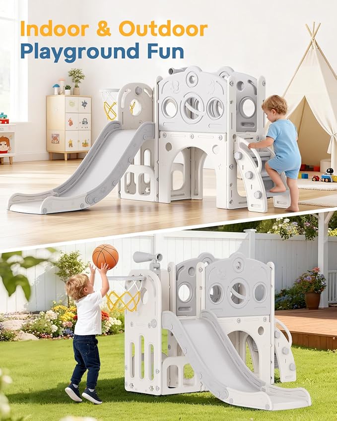 Babytronic Toddler Slide, 8 in 1 Kids Slide with Basketball Hoop, Telescope and Climber, Baby Slide Toddler Playground, Indoor Outdoor Playset for Toddlers Age 1-3, Kids Indoor Playground (White&Gray)