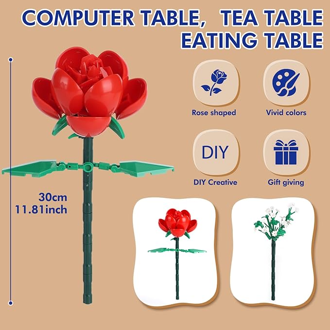 Flower Bouquet Building Kit,1000 Pcs Artificial Flower Bouquet Kit for Adults,Botanical Collection for Home Decor,Ideal Gift for Women,Christmas,Anniversaries (Red Rose)