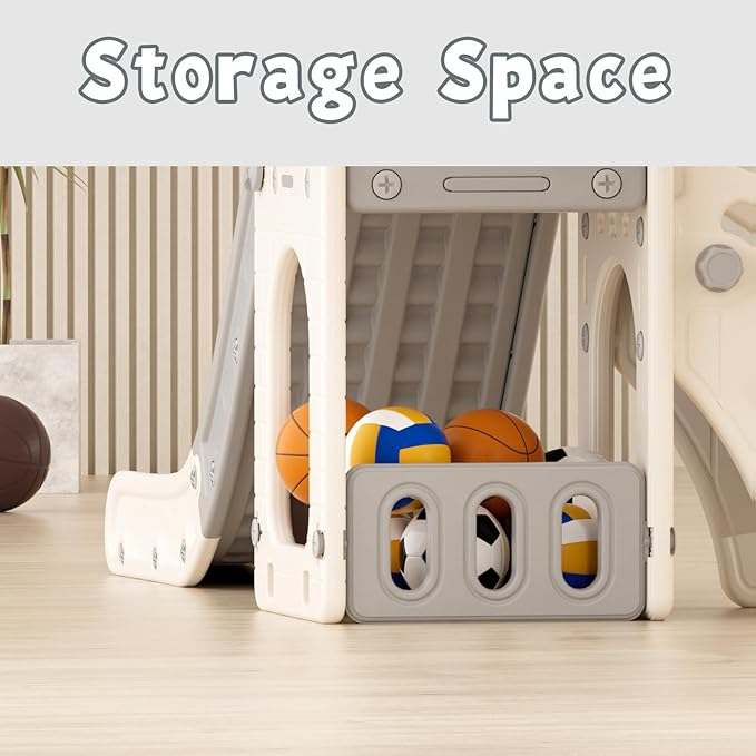 XJD 5 in 1 Toddler Slide, Kids Slide for Toddlers Age 1-3, Outdoor Indoor Playset for Toddlers with Basketball Hoop and Ball, Storage Space Christmas Birthday Gifts for Toddler (Gley)