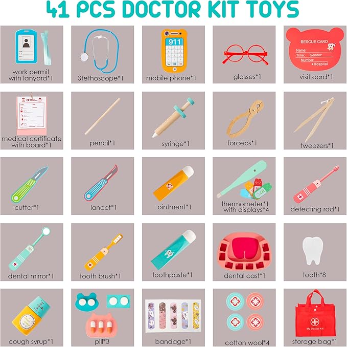 Wooden Dentist Kit for Kids, 41 Pieces Toy Medical Kit with Stethoscope & Medical Storage Bag, Montessori Pretend Doctor Kit Toys for 3 4 5 6 Years Old Boys Girls