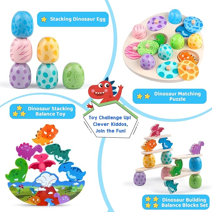 Aliex 4 in 1 Montessori Dinosaur Toys 12+ Months Boys Girls, Wooden Blocks Stacking Balance Toys Stick Color Sorting Egg Puzzles Matching Game,Preschool Education Learning Gift for Toddlers 1 2 3 4