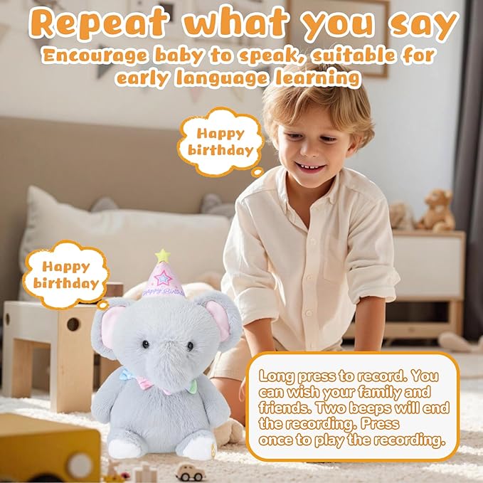 Happy Birthday Interactive Elephant, Musical Birthday Stuffed Animal Recording Mimicking Toy, Clapping Activates Singing Dancing Shaking, Cute Elephant Plush Gifts for Kids Girls Boys