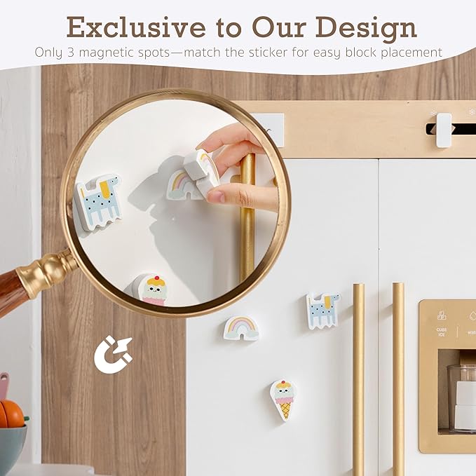 Wooden Play Kitchen Fridge – Interactive Ice Maker, Double Door Storage & Creative Fridge Magnets, Pretend Play Refrigerator for Boys & Girls 3+