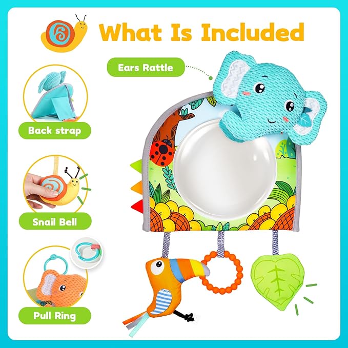 Koty Car Seat Toy - Kick and Play Activity Center with Mirror,Teether and Crinkle, Fun Travel Baby Toy for Rear Car Seat, Easier Drive with Newborns, Babies, Hanging Toys for Infants 0-6-12-18 Months