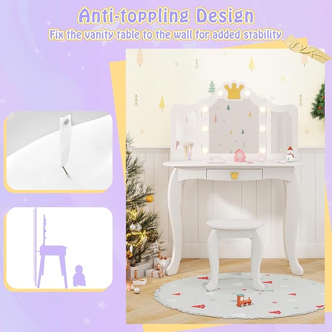 HONEY JOY Kids Vanity with Lights, Crown Girls Vanity Set with Mirror and Stool and Lights, Toddler Vanity, Wooden Makeup Table for Little Girls, Pretend Play Kids Vanity Table and Chair Set(White)