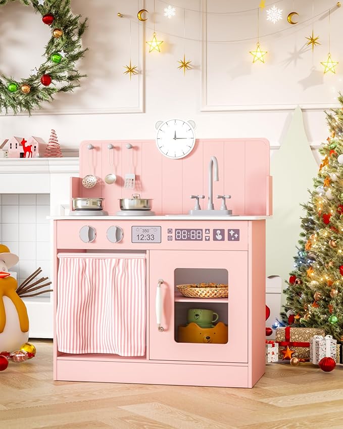 MAMIZO Play Kitchen for Toddlers, Wooden Kids Toy Kitchen Playset with Smart Storage, Ultimate Interactive, Simulated Gas Cooker, Sink & Faucet, 6 Pcs Cookware & Educational Clock (Pink)