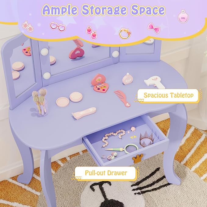 HONEY JOY Kids Vanity with Lights, Crown Girls Vanity Set with Mirror and Stool and Lights, Toddler Vanity, Wooden Makeup Table for Little Girls, Pretend Play Kids Vanity Table and Chair Set(Violet)