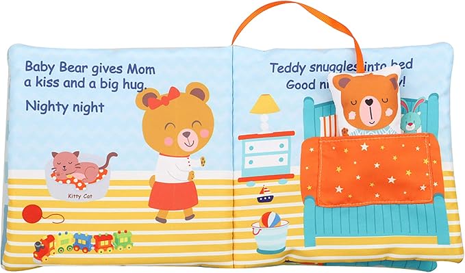 bebe mondo Teddy Bear Baby Book Activity Quiet Cloth Soft Books Developmental Toys Interactive Baby Books for Babies Toddlers Infants, Tummy Time Mirror Toy Gifts for Boys Girl, Goodnight W Box