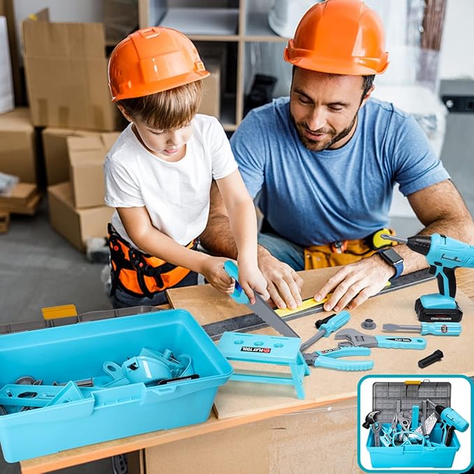 LOYO Kids Tool Set - 50 PCS Pretend Play Toy Box with Construction Vest and Electronic Drill Set for Toddlers Boys Ages 3-7 Years Old Christmas Birthday Gift (Blue)