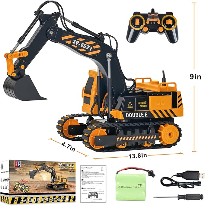 DOUBLE E Remote Control Excavator Toy, RC Excavators Sandbox Digger Hydraulic Construction Toys - Realistic Construction Vehicle with 6 Functions, Xmas Gift for Kids 3-14 Years